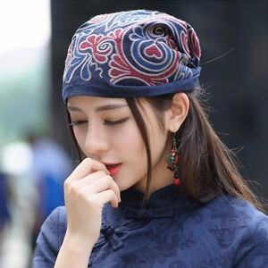 Damski chiński etniczny turban kapelusz chusta na głowę szal haftowany kwiatowy len bawełna