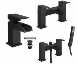 Bathroom Modern Waterfall Black Basin Sink Mono Square Mixer Tap Filler Waste - Picture 1 of 21