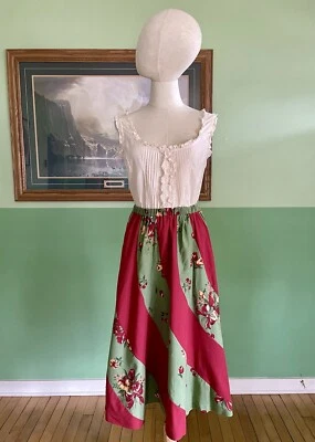 VTG Bold Red Green Striped Cherry Bow Skirt Midcentury Handmade Full A-line  - Image 1 of 4