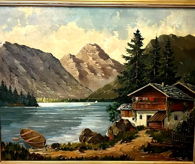 Tablero de pintura al óleo enmarcado MCM de colección años 60 barcos de lago escena de montaña casa firmada Foto 1 de 4