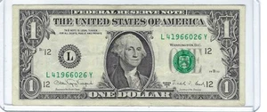 1988 1 One Dollar Schein Y Suffix Serial # Y Note More Rare than X Note L41966026Y - Bild 1 von 2