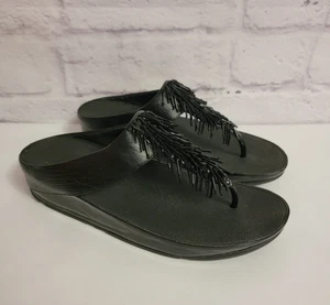 Fitflop Womens Cha Cha Beaded Wedge Thong Sandals Size 10 Black Comfort - Picture 1 of 7