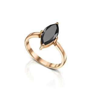 2.0Cts Marquise Cut Natural Black Diamond Ring, 14KT Rose Gold Solitaire Ring - Picture 1 of 7
