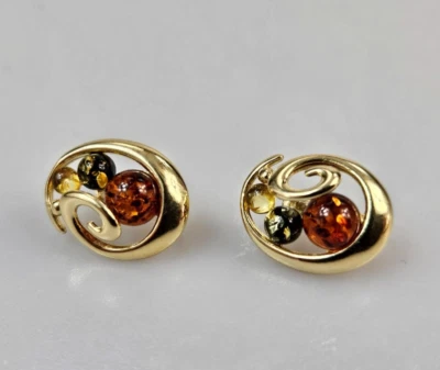 Earrings made of amber gold 925 small colorful real amber earrings green brown - Image 1 of 4