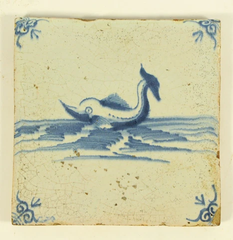 RARE Ea. 18th C. Dutch Delft Blue & White Faience Tile - Dolphin, Sea Creature Cover