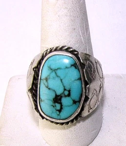 Southwestern Turquoise Ring Vintage Artisan Handmade Sterling Silver Sz 10 Band - Picture 1 of 7