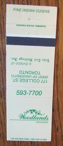 INDIAN RESTAURANT MATCHBOOK MATCHCOVER: WOODLANDS (TORONTO, ONTARIO) -E8 - Picture 1 of 1