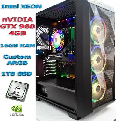 Custom Gaming PC Intel Xeon nVIDIA GTX 960 4GB ARGB 1TB SSD 16GB  RAM WIFI WIN10 - Image 1 of 4