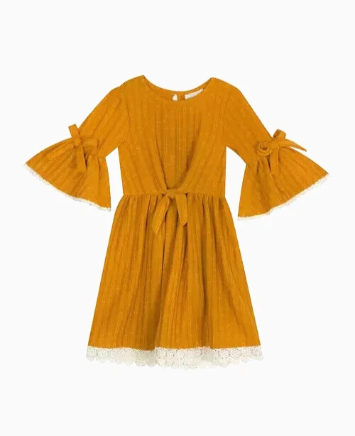 NWT Rare Editions Girls Fall Bell Sleeve Dress Size 5 Rib Knit Bows Lace Hem - Image 1 of 1