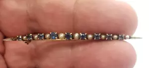 Antik/Vintage 14K Massiv Gelbgold Saphir & Perle Bar Pin/Brosche - Bild 1 von 9