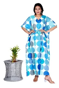 Indian Sky Blue Large Dot Cotton Kaftan Night Maxi Gown Women Clothing Kaftan US - Picture 1 of 3