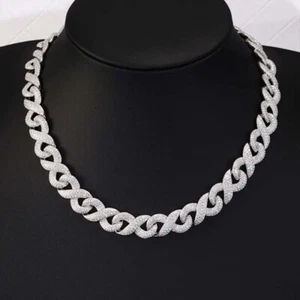 22 ct Lab Created Round Diamond 14K White Gold Plated Cuban Link Men's Necklace - Picture 1 of 7