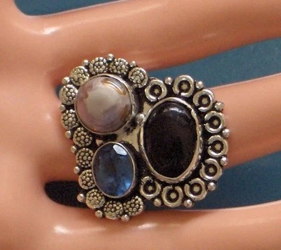 ANILLO CHAPADO EN PLATA 925 TOPACIO AZUL ÓNIX PERLA RÍO NATURAL TALLA 7,5, ¡LUJO! Foto 1 de 2