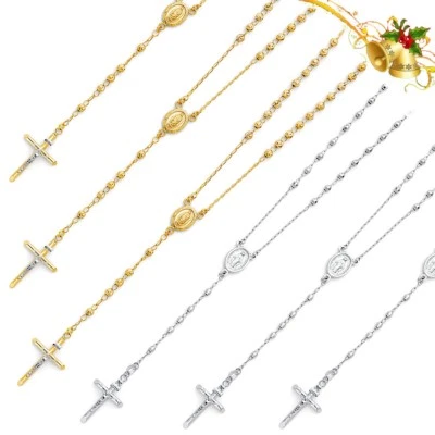 Collar de cadena rosario bola cuentas pulidas de oro blanco/amarillo macizo de 14K de 4 mm 26" Foto 1 de 4