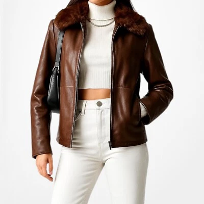 Abrigo Chaqueta Moto De Colección Anne Klein Marrón Piel De Conejo Cuero Genuino Talla L Foto 1 de 4
