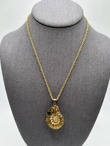 Ammonite Fossil Spiral Pendant On Gold Tone Chain Nature STEM Artifact - Picture 1 of 4