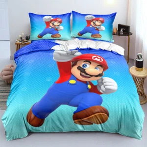 3 Piece Super Mario Blue Background Quilt Cover Set Bedding Sets Pillowcases - Picture 1 of 4