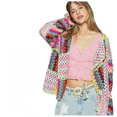 POL Julia Crochet Patchwork Cardigan Sweater OS Colorful Boho Granny Square - Image 1 of 4