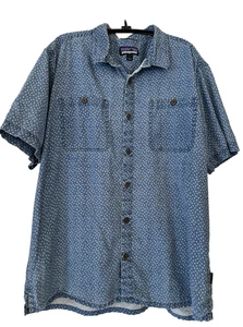 Patagonia Shirt Mens Sz LARGE Blue Back Step Hemp Organic Cotton All Over Print - Imagen 1 de 15