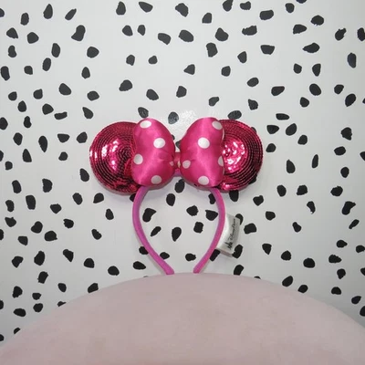 Disney Parks Hot Pink Sequin Polka Dot Bow Minnie Mouse Ears Headband - Image 1 of 3