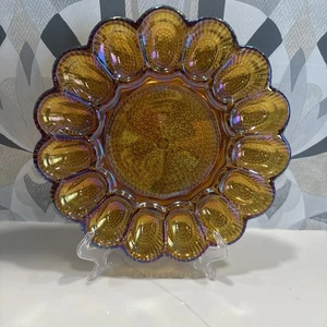 Vtg Indiana Glass Golden Amber Carnival Glass Iridescent Egg Plate - Picture 1 of 9