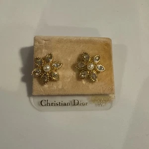 Vintage Christian Dior Ohrringe Blume Kristall Strass mit Kunstperlen - Bild 1 von 4
