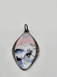 Vintage Ostrem OXO Reindeer Sled Guilloche Enamel Sterling Norway Pendant - Picture 1 of 10