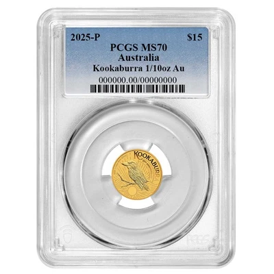 2025 $15 Australian Gold Kookaburra 1/10 oz PCGS MS70 Blue Label - Image 1 of 3