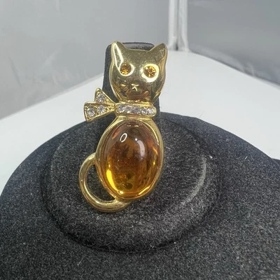 Broche prendedor vintage tono dorado ámbar y piedra transparente gelatina gato animal Foto 1 de 3