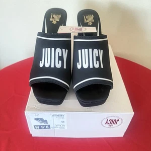 Juicy Couture Juicy Girly Womens Heeled 4.5" Sandals Black White Logo Size 9.5 M - Picture 1 of 11