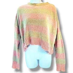 Suéter Romeo + Juliet Couture a Rayas Recortadas Talla L Suave Rosa Salmón y Gris L/S - Imagen 1 de 9