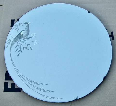 VINTAGE ART DECO 22" DIAMETER ROUND BEVELED GLASS MIRROR w/ ETCHED EXOTIC BIRD Cover