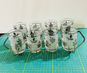 8 Vintage Libbey’s Silver Foliage Frosted Highball Glasses w/ Caddy MCM Barware - Picture 1 of 10