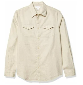 Calvin Klein Mens Long Sleeve Cotton Linen Button Down Shirt in Beige Sz Medium - Picture 1 of 1