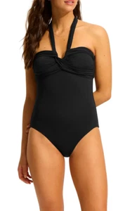 NUOVO! $178 SEAFOLLY COLLETTIVO HALTER COSTUME DA BAGNO PEZZO UNICO NERO TAGLIA U.S. 12 - Foto 1 di 4