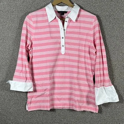 Brooks Brothers 346 Shirt Womens Large Pink White Striped 3/4 Sleeve Popover - Image 1 of 4