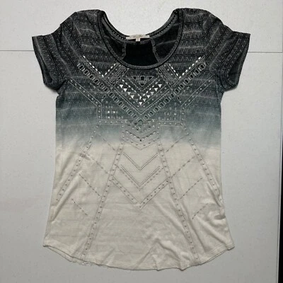 Miss Me Studded T-Shirt White & Gray Ombre Graphic Tee Casual Top Swiss Dot XS - Image 1 of 4