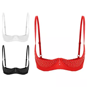 Womens Underwear Rhinestone Bra Half Cup Lingerie Balconettes Mini Tops Sparkly - Picture 1 of 48