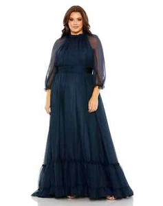 Mac Duggal Midnight Blue Sheer Sleeve Gathered Chiffon A-Line Gown Size 20W $498 - Picture 1 of 3