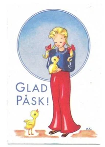 Frohe Ostern Schweden Künstler signiert Margit Carlbring Mädchen in rot mit Hühnern - Bild 1 von 1