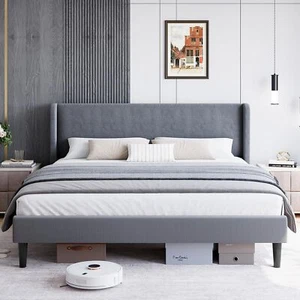 Full Size Bed Frame w/Wingback Headboard, Velvet Upholstered Platform Bed Frame - Picture 1 of 7
