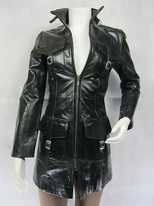 Ladies Green Glaze Leather Slim Tight Fitted Long Biker Fashions Jacket Bike - Picture 1 of 12