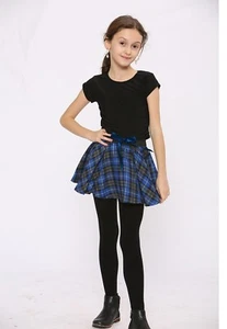Girls Blue Tartan Skirt Burns Night Elastic Waistband Skirt With Bow 5-10 Years - Picture 1 of 2