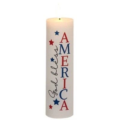 NEW AMERICANA PILLAR CANDLE GOD BLESS AMERICA RED TIMER Glowing Faux Flame 8"T - Image 1 of 3