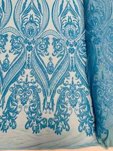 Big Damask Fabric Turquoise Iridescent Embroidered Design Lace Mesh Fabric Yard - Picture 1 of 5