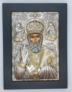 Pure Silver 925 with 24 karat gold Foil of Used Saint Nicholas Byzantine Icon - Picture 1 of 11