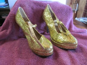 Gold Glitter Pump High Heal Shoes Ellie Double Strap Size 8 Used - Picture 1 of 5