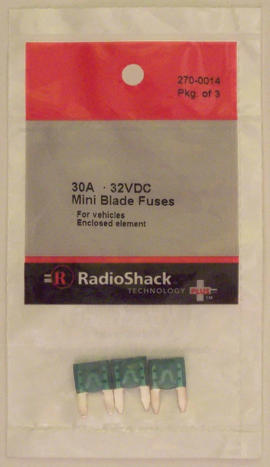 RadioShack 270-0014 30A 32V DC Mini Blade Automotive Fuses 30 Amp 32 Volt 3/PK - Image 1 of 1