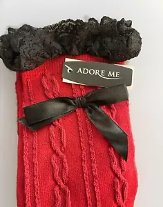 Calze rosse alte Adore Me nuove con etichette maglia cavo nero pizzo fiocchi taglia unica - Foto 1 di 3
