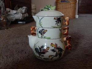 Ceramic Stacking Tea Set For One, Roosters Teapot Creamer Cup Vintage UNIQUE - Picture 1 of 24